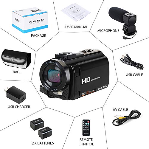 Video Camera Camcorder HD 1080P 24.0MP 3.0 Inch LCD 270 Degrees Rotatable Screen 16X Digital Zoom Video Recorder,Remote Control and 2 Batteries