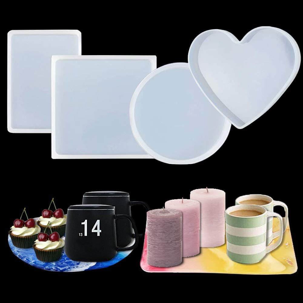 4 Pack Oversized Coaster Resin Moulds Shiny Epoxy Casting Silicone Transparent Molds Square Rectangle Round Heart Jewelry Soap Candle Holder Ashtray Tray Mould for Plaster Craft Art Decorative