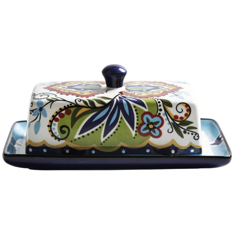 YARNOW Ceramic Butter Dish with Lid Floral Pattern Butter Container for Kitchen Storage Elegant Household Tableware Plate 7.95 X 4.53 X 2.68 Inch