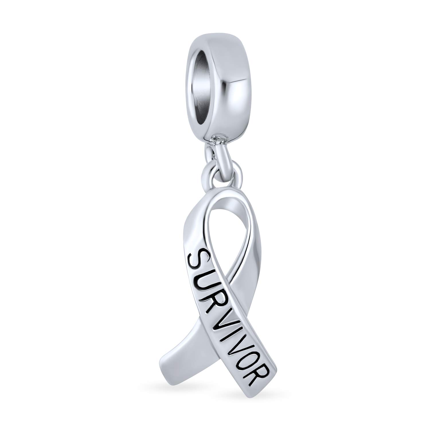 Ribbon and Word: Breast Cancer Survivor Hope Dangle Charm Bead - .925 Sterling Silver - Fits European Bracelet - Symbolic Hope Jewelry for Women