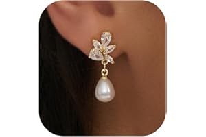 PRTGL Pearl Earrings: 14k Gold-plated Cubic Zirconia Accented Pearl Drop Dangle Wedding Engagement Earrings For Women Bridal Bridesmaid