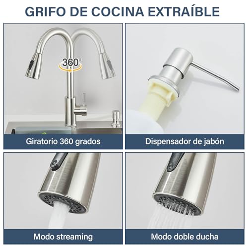 TVTIUO Kitchen Sink, Multifunctional Kitchen Sink with Pull Out Tap and Soap Dispenser, Brushed Finish (50 x 45 cm)