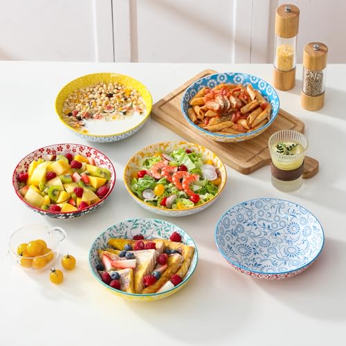 vancasso Selene 40 OZ Colorful Floral Pasta Bowls Set of 6, 1200 ML 8.5 Inch Large Ceramic Serving Bowls for Salad, Soup, Noodles, Fruit, Microwave and Dishwasher Safe Dinner Sets, House-Warming Gift