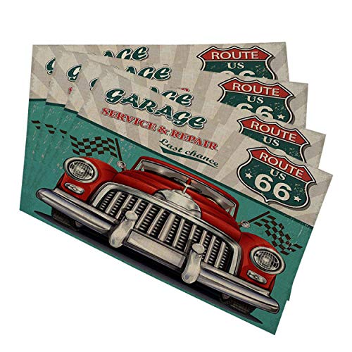 Mugod Red Car Placemats Vintage Garage Service & Repair Route 66 Retro Poster Decorative Heat Resistant Non-Slip Washable Place Mats for Kitchen Table Mats Set of 4 12"x18"