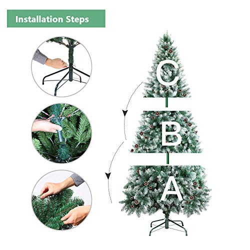 SHareconn 7.5ft Unlit Artificial Hinged Christmas Tree Snow Tree with Pine Cones , 2000 Branch Tips and Metal Stand