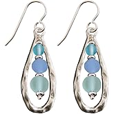 Ocean Breeze Antique Open Teardrop Dangle Earrings Sterling Silver Earwires Cultured Sea Glass Beads Frosted Soft Pastel Colors Blue Green Aqua Graduated Beading Boho Beach Jewelry for Women