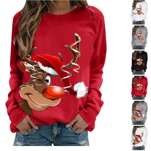 Angxiwan Christmas Sweatshirts for Women UK Oversized Reindeer Print Sweatshirt Crew Neck Lightweight Hoodless Pullover