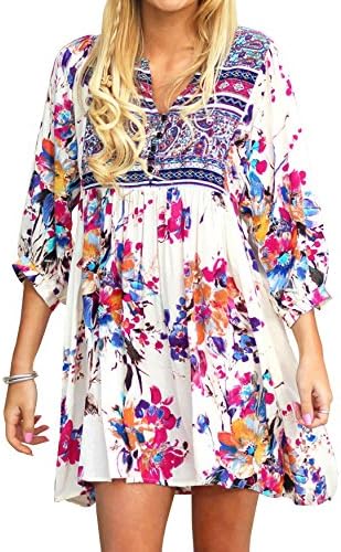 Womens Chiffon Floral Bohemian 3/4 Sleeves Summer Casual Mexican Flowy Mini Dresses
