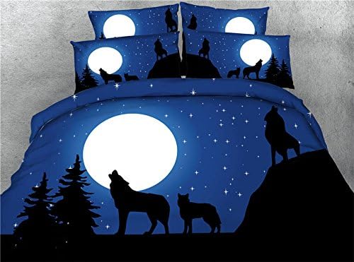 3D Moon Wolves Howling Bedding Sets Star Duvet Cover Set Twin Full Queen King Cal King Size Bedspreads Tree Home Textiles for Adults Teens Boys 3 Piece Set (Full/Queen)