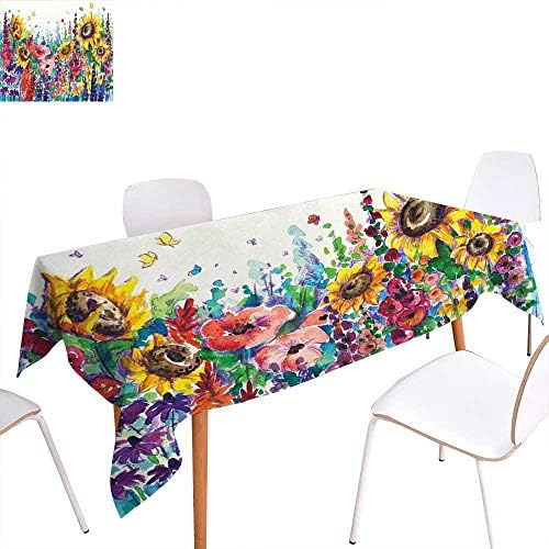 familytaste Modern Washable Tablecloth Floral Watercolor Style Wildflowers Country Kitchenware Flowers Art Print Waterproof Tablecloths 70"x104" Yellow Purple Red Green