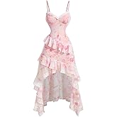 GORGLITTER Women's Floral Lace Trim Ruffle Dress Asymmetrical Hem Spaghetti Strap Cami Dresses