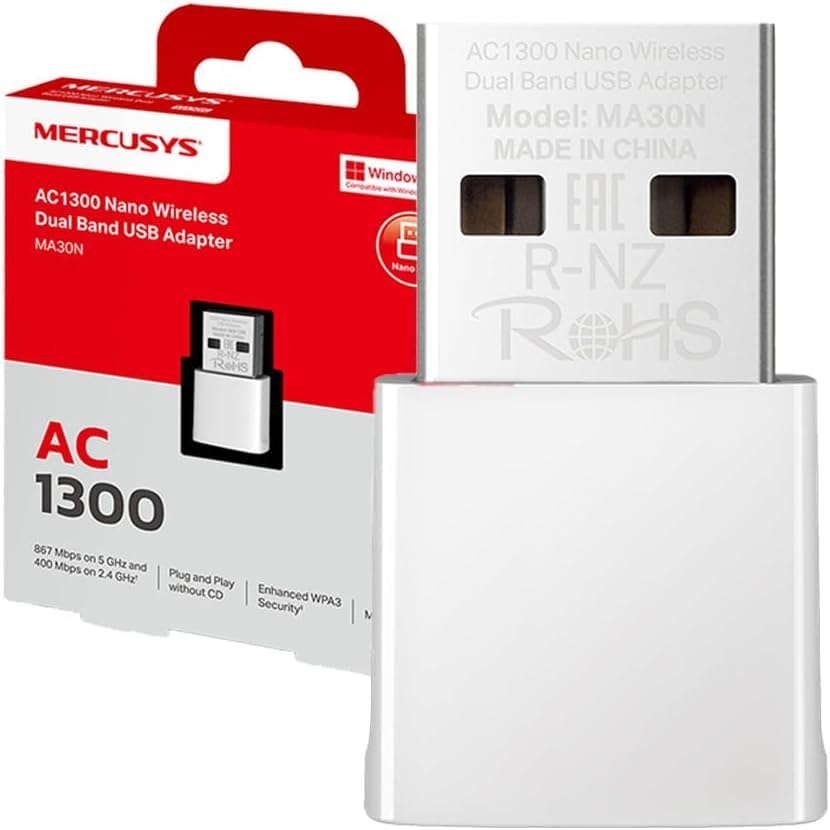 Mercusys MA30N Adaptador WiFi USB, AC1300Mbps, Tarjeta de Red, Nano Tarjeta, Dual Band, USB 2.0, WPA3, Plug & Play, Windows 11/10