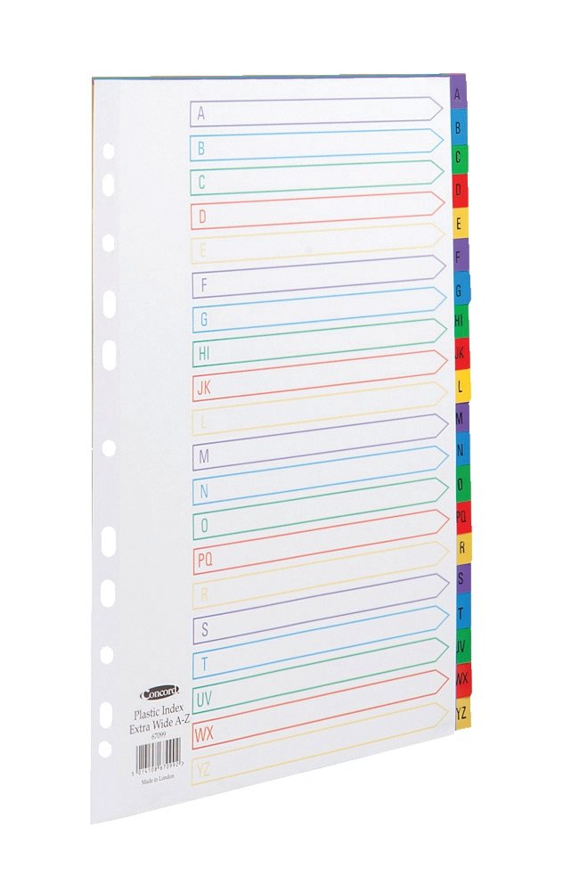 Concord Plastic Index Polypropylene 120 Micron Europunched A-Z Extra Wide A4 Assorted Ref 67099