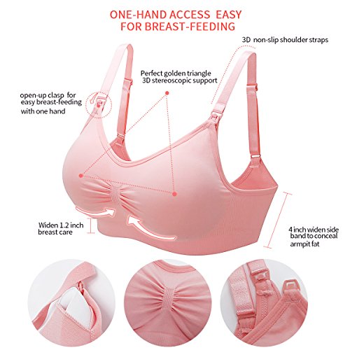 Movwin Full Bust Seamless Nursing Maternity Bras Bralette In One-Hand Access, Breastfeeding Bra With Extra Bra Extenders & Clips (L Fit 36BC 34CD 38AB, 2 Pink)