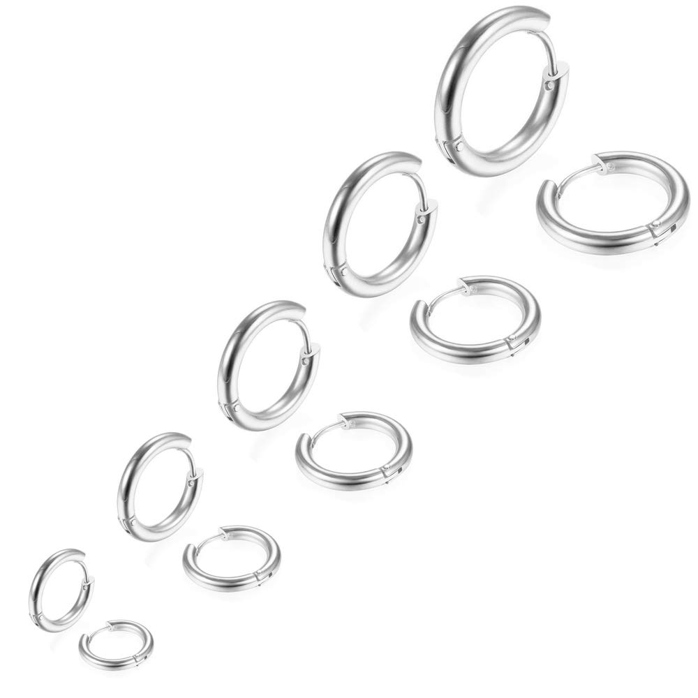 5 Pairs Stainless Steel Huggie Hinged Hoop Earrings for Men and Women, Silver Small Hoops 8MM-16MM, Piercing Jewelry