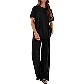 PRETTYGARDEN Spring Lounge Sets for Women 2 Piece Short Sleeve Crewneck Cute Tops and Wide Leg Pants with Pockets Pj Set