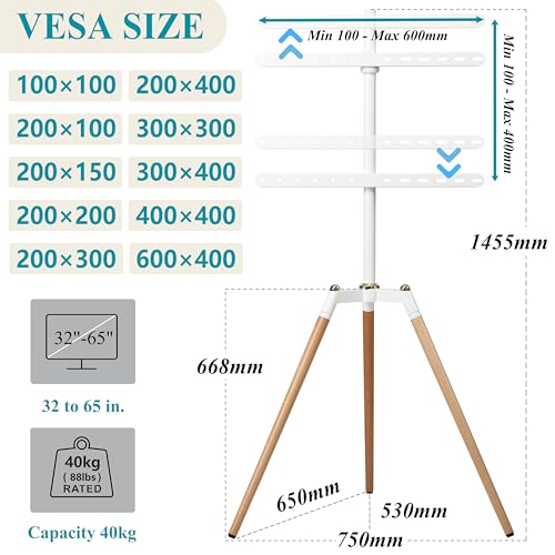 Fydeamer Floor TV Stand for 32-65 inches Screen Height Adjustable Studio Tripod Easel TV Display Stand with 140° Swivel for Bedroom, Living Room, Corner TV Stand White