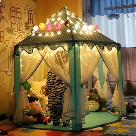 e-Joy Kids Indoor/Outdoor Tent Fairy Princess Castle Tent, Portable Fun Perfect Hexagon Large Playhouse Toys for Girls 55"x 53"(DxH) Blue with LED lights