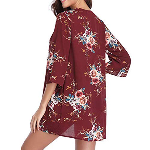 Farmerl Women Beach Shawl Leaves Print Chiffon Kimono Blouse Loose Top Outwear Red