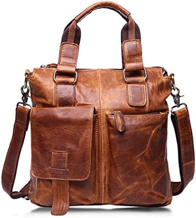 Mayshe Men's Multi-Pocket Vintage Crazy-Horse Leather Business Shoulder Handbag Messenger Satchel Crossbody Briefcase Laptop Macbook Bag Light Brown 11.81"