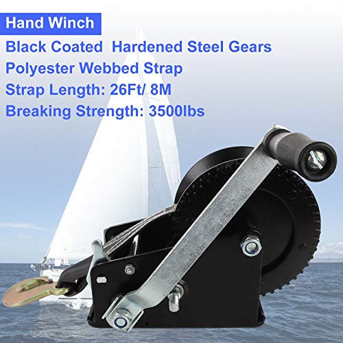 3000lbs Heavy Duty Hand Winch with 26FT Strap and Safety Pawl, 2 Gear Manual Hand Winch for Boat Trailer, 2Ways Hand Winch Crank Gear for Pickup ATV Marine Drag Boats Truck Auto Shop Crane-Black - Image 3