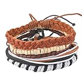 MJartoria Unisex PU Leather Hemp Cords Beaded Multi Strands Adjustable Wrap Bracelets Set of 5