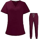 VIAOLI Scrubs for Women Set V-Neck Pocket Top & Drawstring Jogger Scrub Pants