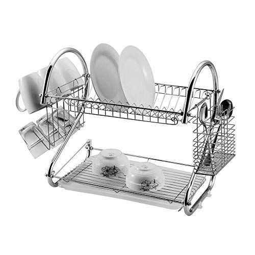 Stainless Steel 2-Tier Drying Dish Rack,Kitchen Multifunctional Durable Rust-resistance Dish Drainer with Chopstick Cup Holder and Water Catcher for Dishes Plates Cups Bowls (Shipped From US) (Silver)