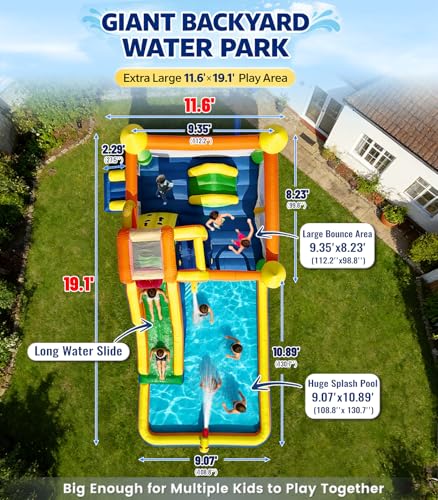 HuaKastro 19.1x11.6FT Inflatable Water Slide Large Bounce House for Big Kids, Blow Up Water Slide for Kids Backyard with 3 Sprayers, Big Pool, Climbing Ladder, Extra Large 8.2x7.4ft Bouncy Area