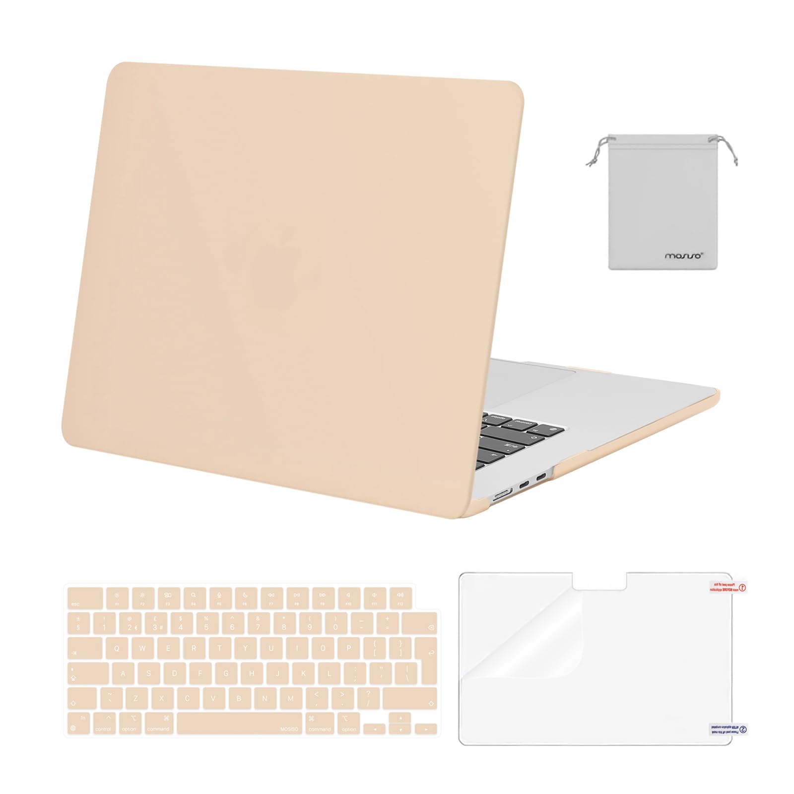 MOSISO Scratch-Resistant Case Compatible with MacBook Air 15 inch M5 M4 M3 M2 2026-2023 A3448 A3241 A3114 A2941,Protective Hard Shell Laptop Cover Keyboard Skin&Screen Film&Pouch, Apricot