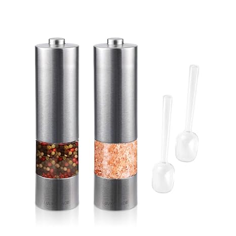 Elektrische Salzmühle und Pfeffermühle Set Edelstahl Batteriebetrieben mit LED Licht Zwei Packungen LUUKMONDE