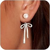 Risamil 14K Gold Plated/Silver Earrings for Women Trendy, Dainty Bow Earrings for Women Cute Pearl Huggie Earring Hoops Twist Rope Bow Stud Pearl Dangle Cubic Zirconia Earrings Jewelry Gifts