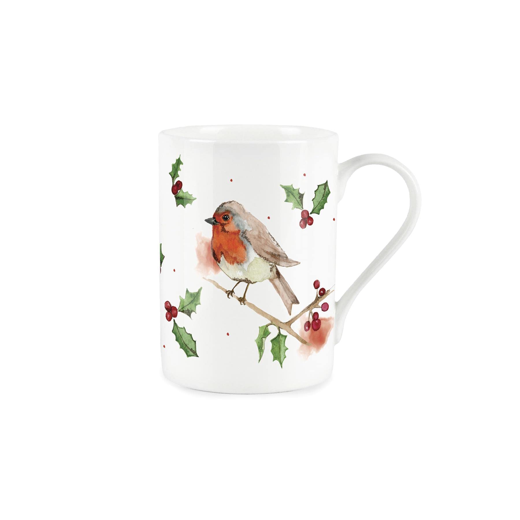 Purely Home Robin Holly Mug - Large Christmas Robins Bone China Style White Xmas Berries Coffee/Tea Present Gift