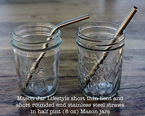 Short Safer Rounded End Stainless Steel Straws for Half Pint Mason Jars, Cocktails, Coffee Mugs, Small Glasses or Cups (4 Pack + Cleaning Brush + Bag) - Thumbnail 5