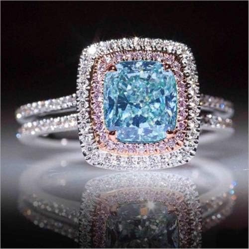 Bella Jewelry Shop Luxury Princess Cut Aquamarine&Pink Topaz Wedding Ring White Gold Womens Jewelry (7)