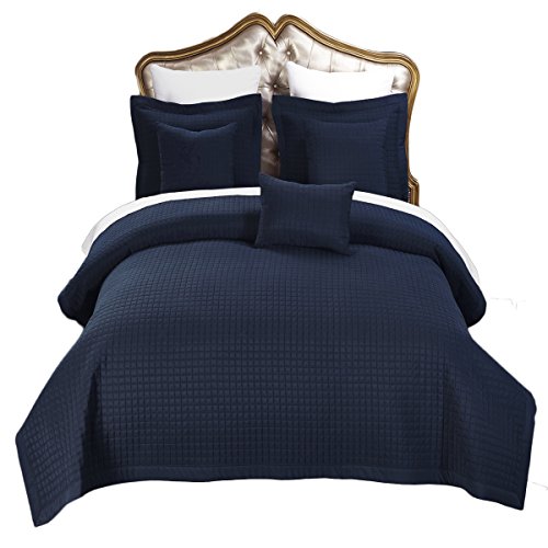 sheetsnthings Luxury Checkered Quilted Wrinkle Free Microfiber Multi-Piece Coverlets Set (Navy, King/California King)