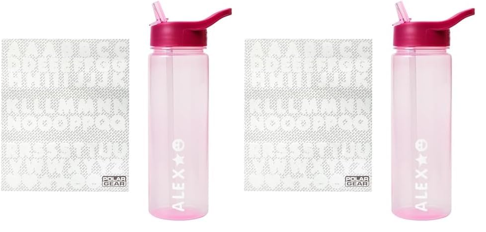 Polar Gear Personalised A-Z Sticker Water Bottle with Straw 600ml – Official Merchandise Kids Reusable Non Spill BPA Free Tritan – Personalise - Ideal For School Nursery Sports Picnic,Pink/Berry
