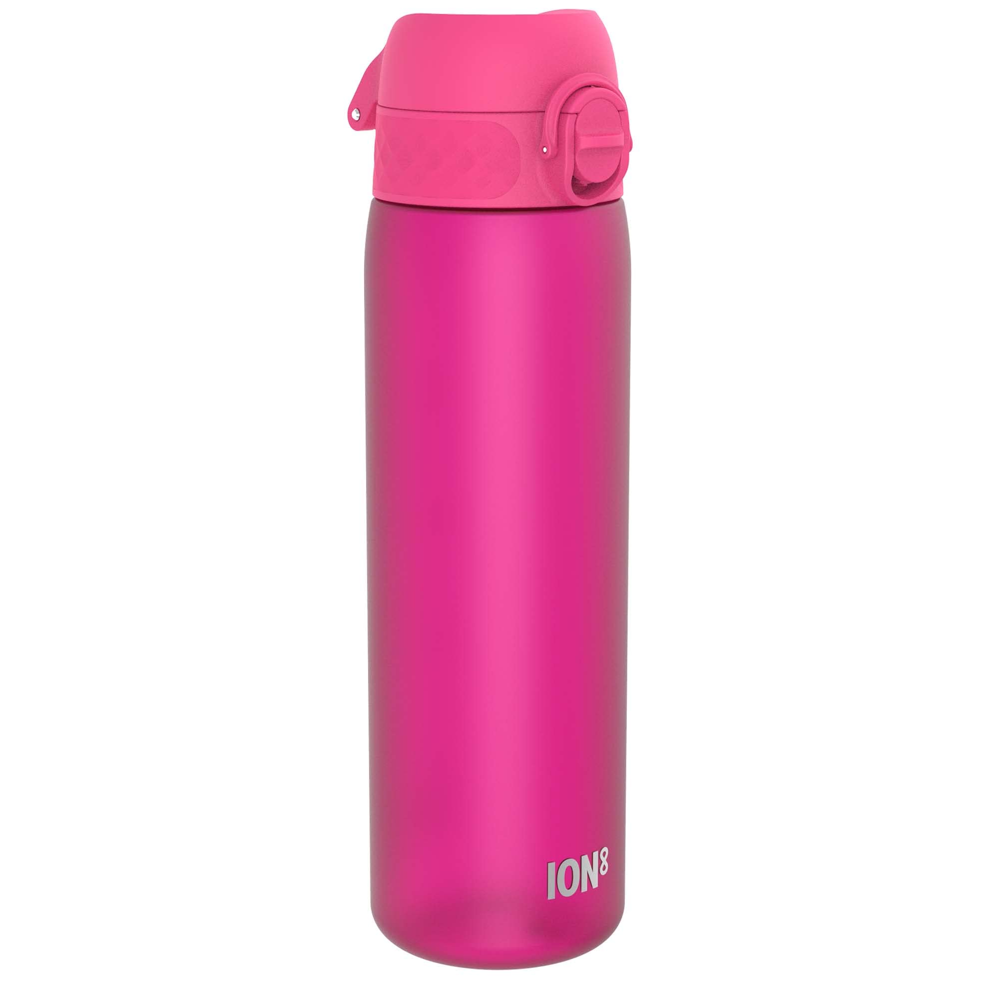 Ion8 Water Bottle, 500 ml/18 oz, Leak Proof, Easy to Open, Secure Lock, Dishwasher Safe, BPA Free, Hygienic Flip Cover, Carry Handle, Fits Cup Holders, Easy Clean, Carbon Neutral, Hot Pink