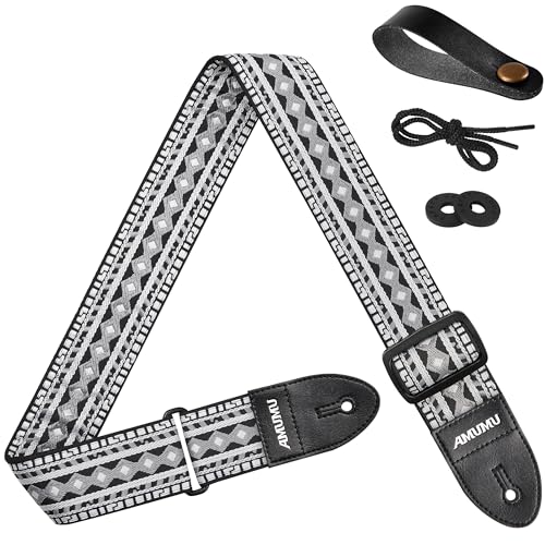 Amumu Hootenanny Embroidery Guitar Strap Black White Cotton for Acoustic, Electric and Bass Guitars with Strap Blocks & Headstock Strap Tie - 2" Wide