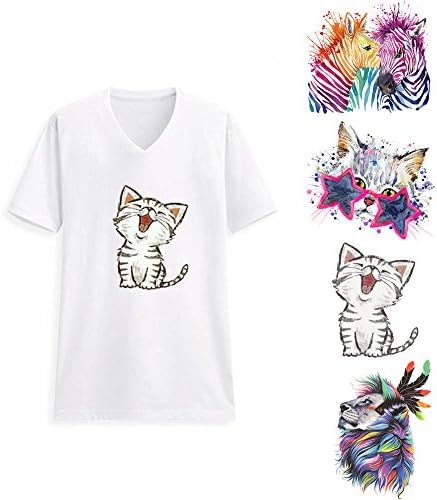 Cat Iron on Transfer for Kids - 4 Pcs Cute Cartoon Animal Patches Appliques for T Shirts, Women Jeans, Baby Dress. DIY Flower Decoration Vinyl Sticker for Party