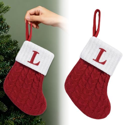 7-Inch Embroidered Initial Letter Cable Knit Christmas Stockings,Cute Red with White Cuffs for Family Fireplace Hanging,Xmas Holiday Home Decor