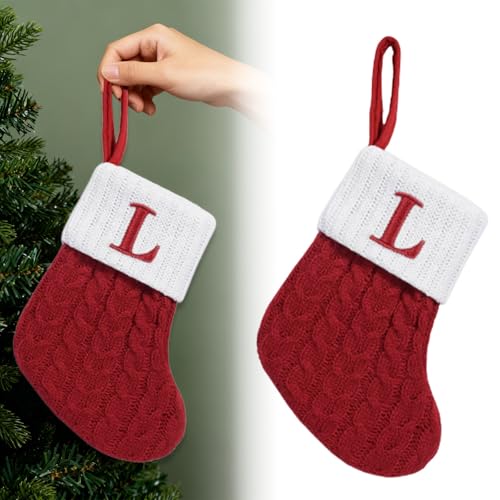 7-Inch Embroidered Initial Letter Cable Knit Christmas Stockings,Cute Red with White Cuffs for Family Fireplace Hanging,Xmas Holiday Home Decor