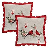 Grelucgo Christmas Holiday Embroidered Cardinal Throw Pillow Case Cover, Decorative Christmas Sofa Cushion Covers, Square 16 x16 Inch, Set of 2