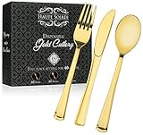 160 Piece Gold Heavyweight Disposable Cutlery Set - Plastic Silverware Flatware Pack - Includes 80 Forks, 40 Spoons, 40 Knives - Haute Soiree