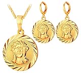 Women's Jewelry Set of 18K Gold Plated Jeusus Christ Medal Pendant Necklace Earrings
