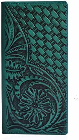 men genuine leather floral woven western tall long bifold brown tan black wallet (Turquoise)