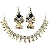 Indian Jewelry Sets for Women Bollywood Traditional Exaggerated Short Choker Necklace Antique Gold Vintage Boho Oxidized Ethnic Crystal Bell Tassel Dangle Earrings Jhumka Jhumk Collar Statement Wedding Bridal Costume Gifts
