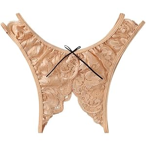 Women's Satin Crotchless Thong, Mid Low Waist Bow Detail, Sexy Open Design Lace Panties for Night
