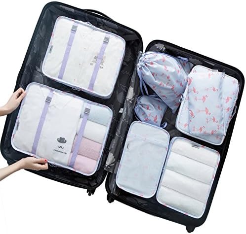 LAFASO Lightweight Waterproof Packing Cubes for Carry on Luggage Compression Bags 8 Sets (Purple Flamingo)