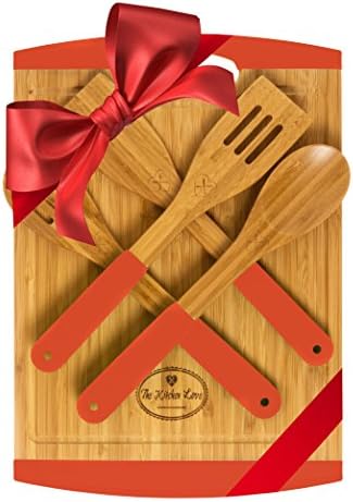 Bamboo Cutting Board Housewarming &amp; Wedding Gift Set - With 4-Piece Kitchen &amp; Cooking Utensils - Wooden Bamboo Spoons, &amp; Wooden Bamboo Spatula (Red)